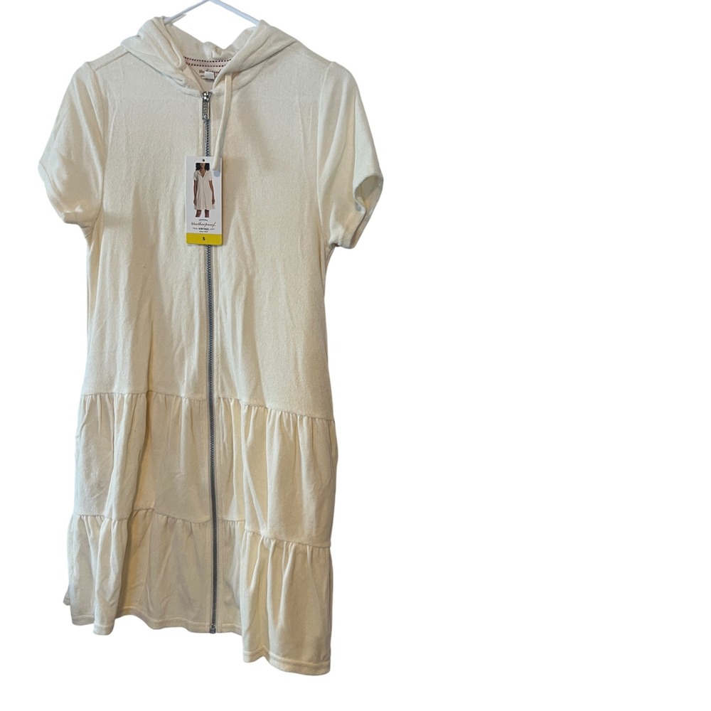 Weatherproof Vintage Womens Cream Terry Cloth Hooded Zip Front Tiered Dress S